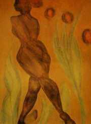 She Strides Forth from the subseries, Tara Dreams, from the overall series, Inner/Outer; acrylic on wood panel 4' by 3'