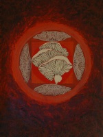 "Mushrooms and Dung" from the series, "Renga," with poet Connee Pike; also from the sub-series, "Renga/Shadows," which is part of the series, "Inner/Outer;" acrylic on wood panel, 18" by 13-1/2"