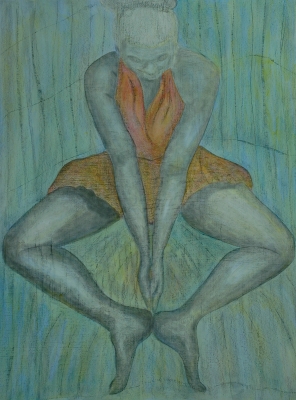 "Dream Pose" from the sub-series, "Tara Dreams," from the overall series, "Inner/Outer"; acrylic on wood panel 4' by 3'