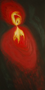 Brief Equilibrium in Red from the series, Traces of the Cosmos; oil on canvas, 4' by 2'